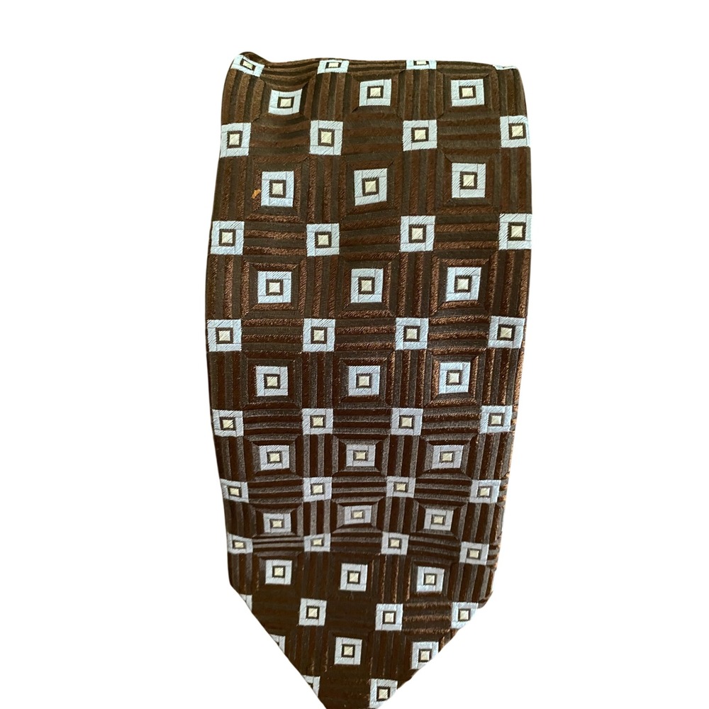 Faconnable Mens Silk Tie Brown Blue Geometric Square Pattern Made in Italy